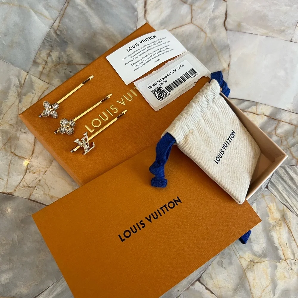 Authentic Louis Vuitton Gold Crystal Monogram Hair Barrette Set - Picture 3 of 4